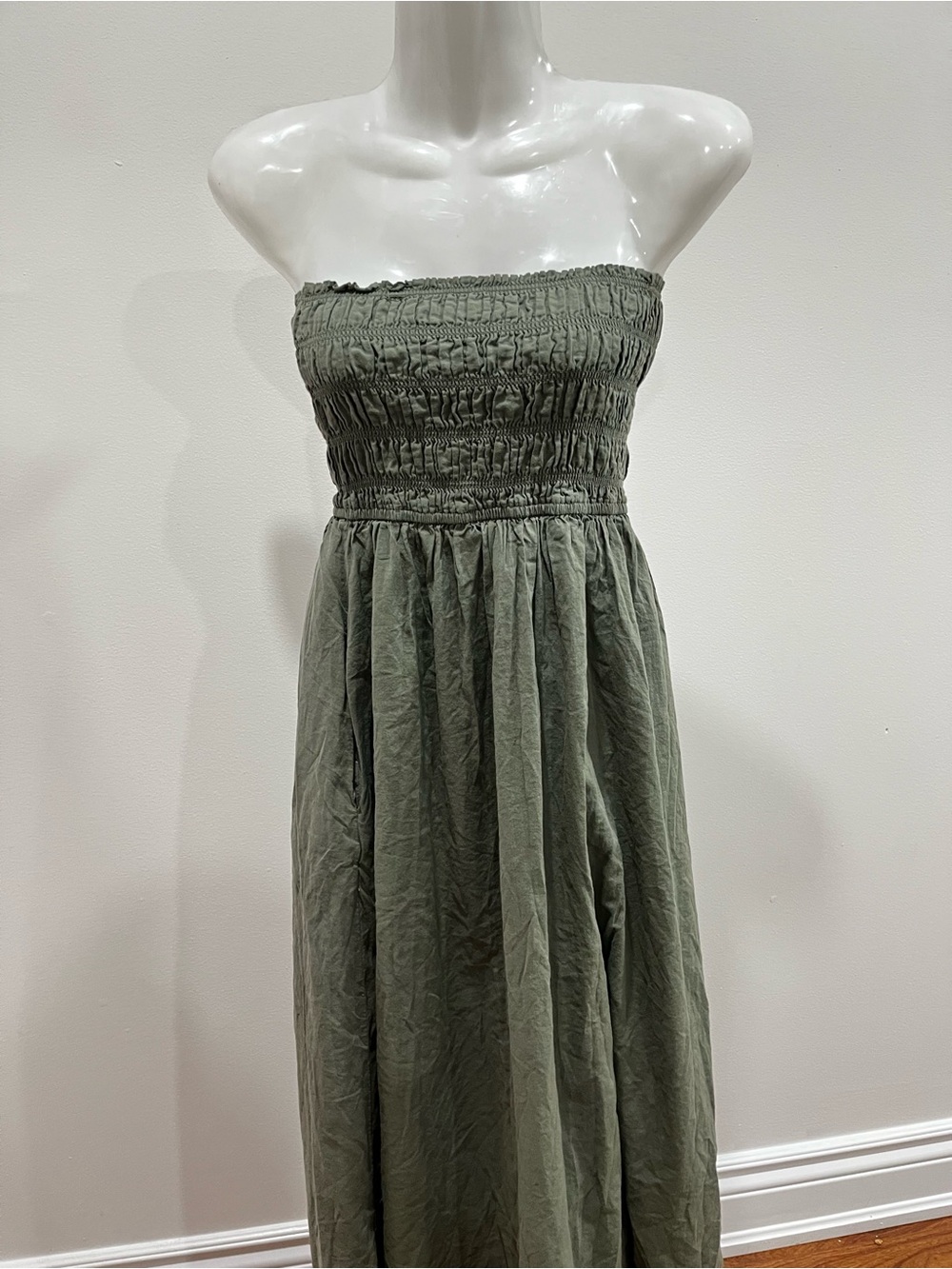 Earthy Boho Ardene Olive Green Strapless Smocked Maxi Dress